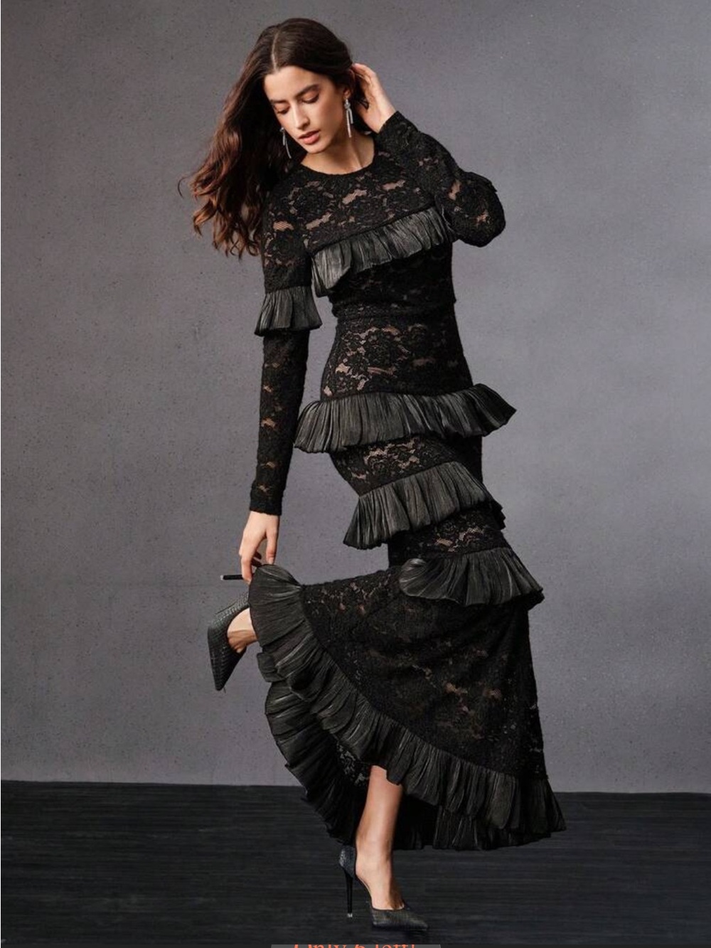 Anewsta Black Lace Tiered Ruffle Dress